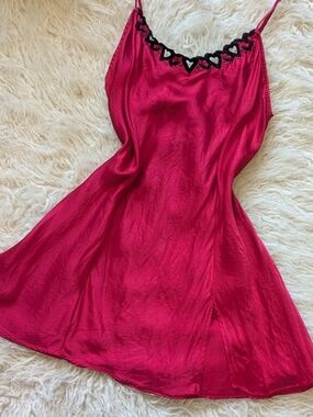 Victoria's Secret Red 100% Silk Slip Dress with Black Embroidered Heart Trim